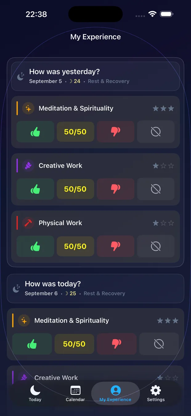 The My Experience tab, rating how yesterday went for each recommended activity.