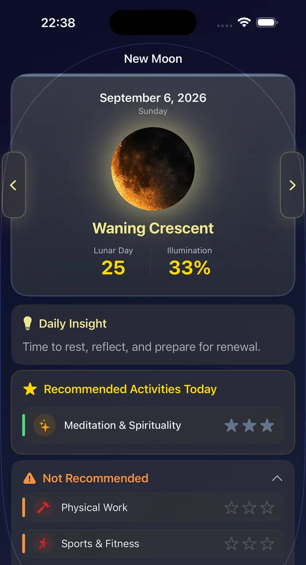 The Today screen showing the waning crescent, lunar day 25, 33 per cent illumination and the day's ranked activities.
